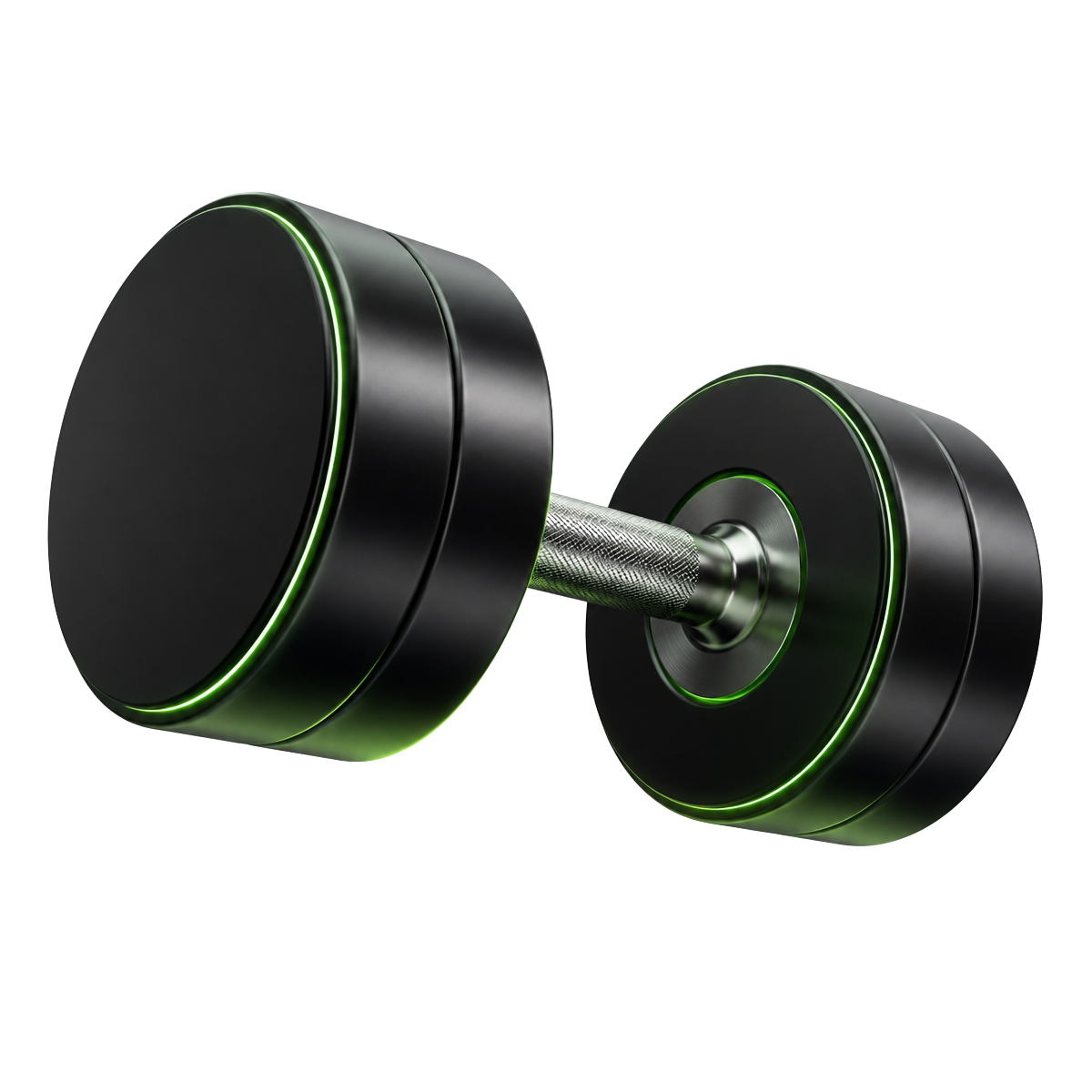 Premium 3D render of a matte black dumbbell with neon green accents